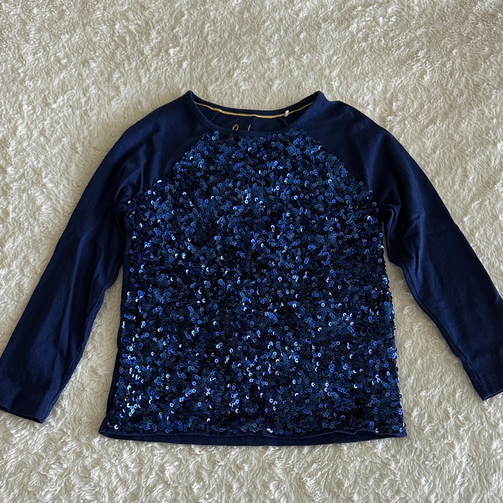 Mini Boden girls size 6-7 navy blue sequin front long sleeve knit shirt holiday